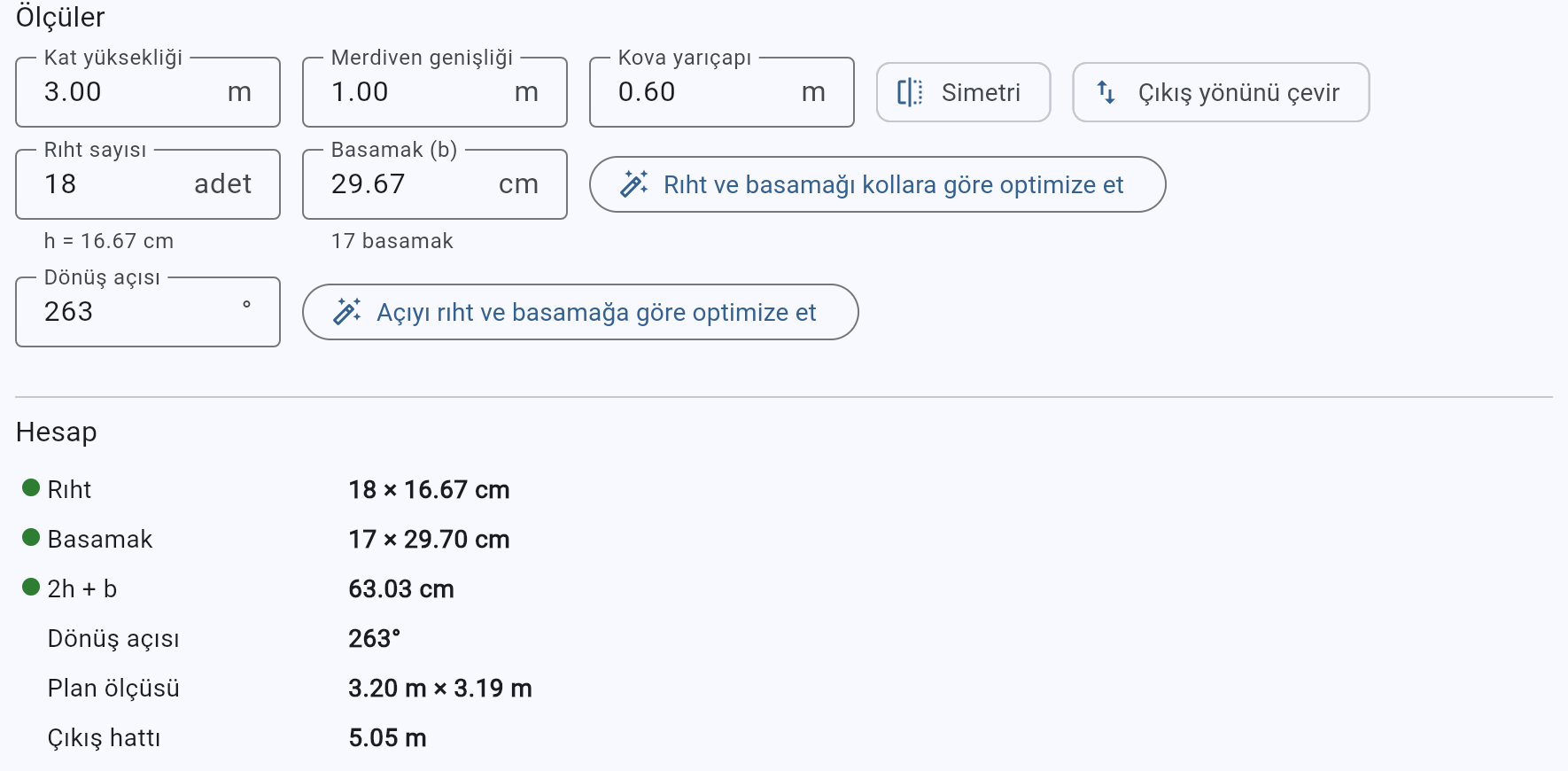 AksCAD Stair ölçüler ve hesap paneli